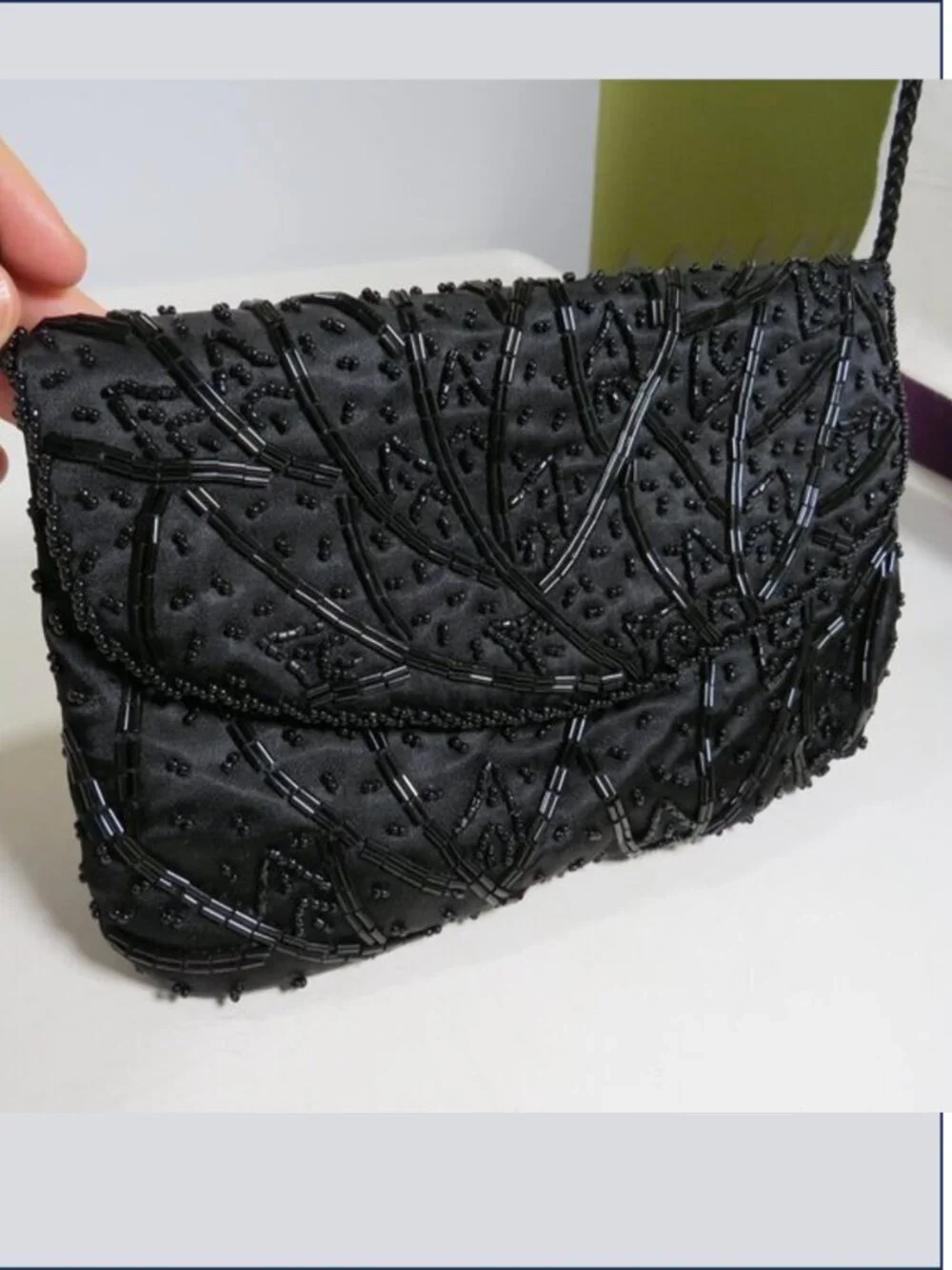 Vintage Black Beaded Clutch Purse with a Twisted Rope Strap for Formal Events